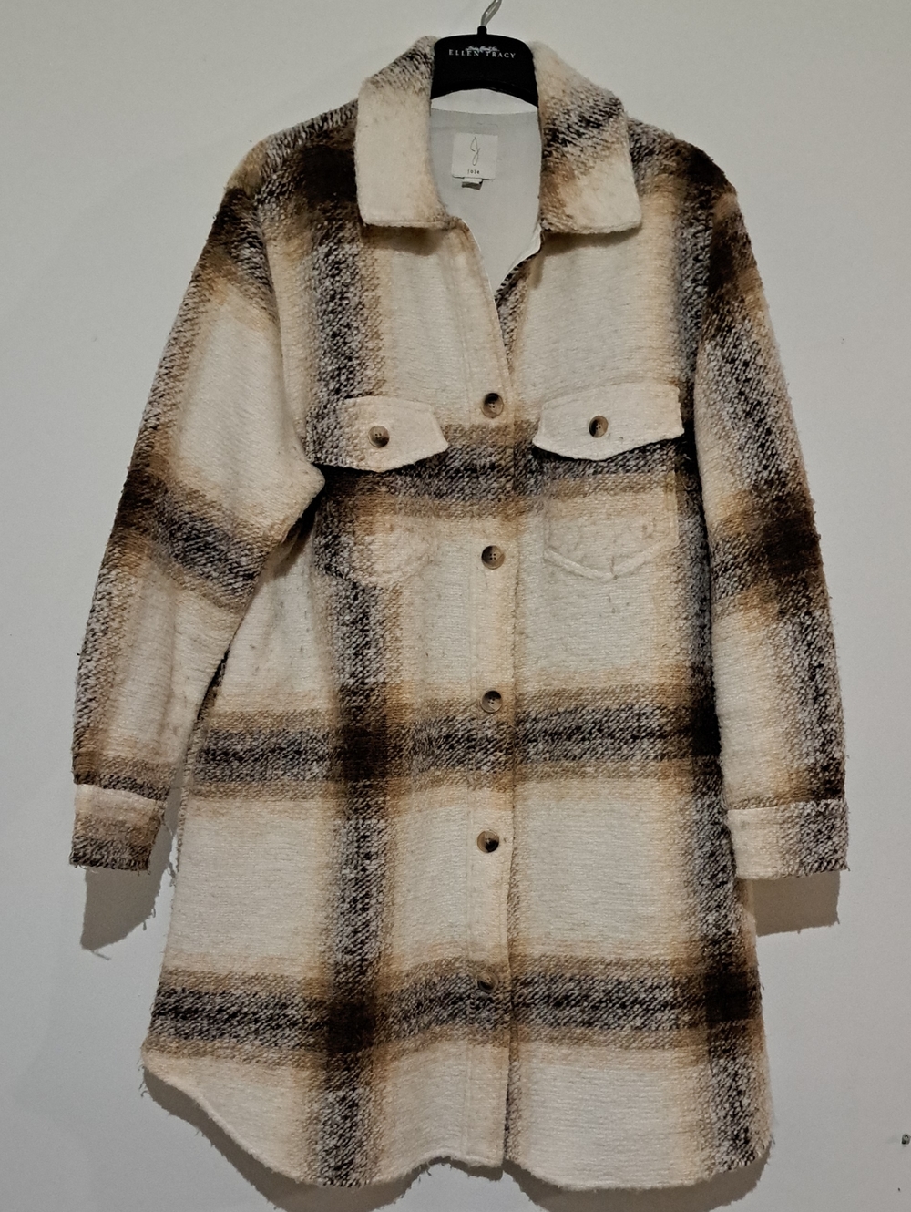Joie Cream and Brown Plaid Utility Shacket